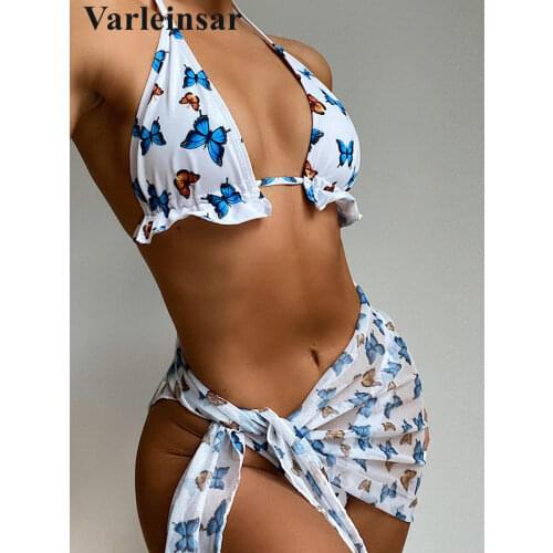 New Halter Butterfly Printed Bikini Female Swimsuit Women Swimwear Three-pieces Bikini set With Sarong Bather Bathing Suit V2916