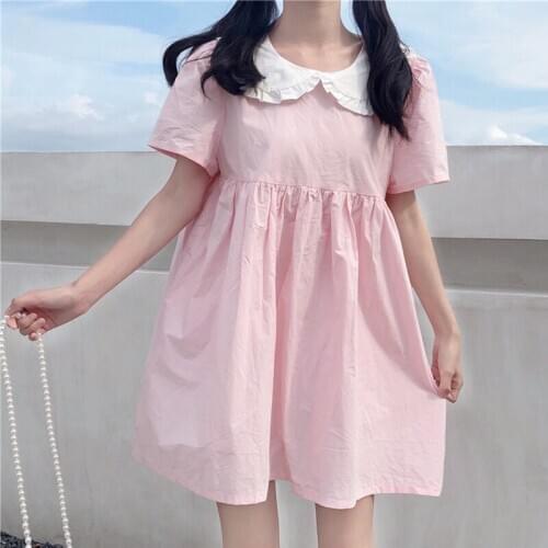 Japanese Sweet Cute Bow Doll Collar Dress Design Non-Mainstream Pink Backless Medium-Length Dress Female Summer lolita dress