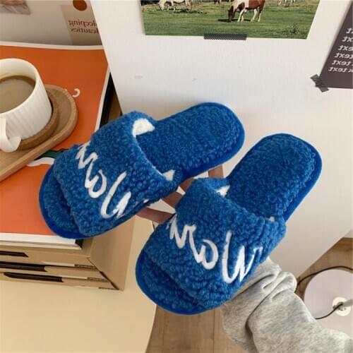 Winter Fashion Cotton Slippers Women Anti-slip Breathable Plush Lined Home Shoes Men Couples Letters Blue Indoor Warm Slippers