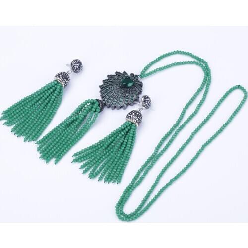 2021 Hot Sale Bohemia Boho Micro Paved CZ Zircon Crystal Palm Tree Charm Green Beaded Tassel Dangle Earring & Necklace Jewel Set