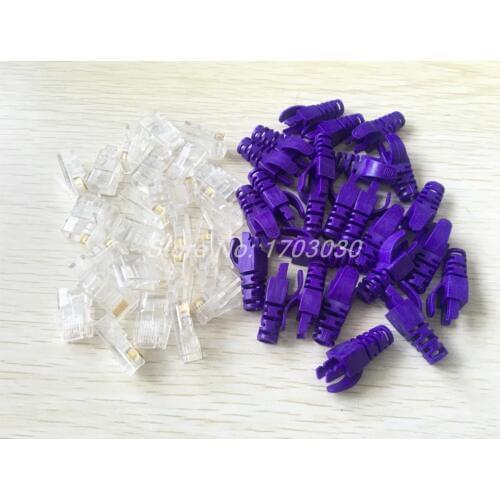 25 Sets RJ45 Network Plug Connector w Purple Boot Cover for Cat5 Cat5e Cable