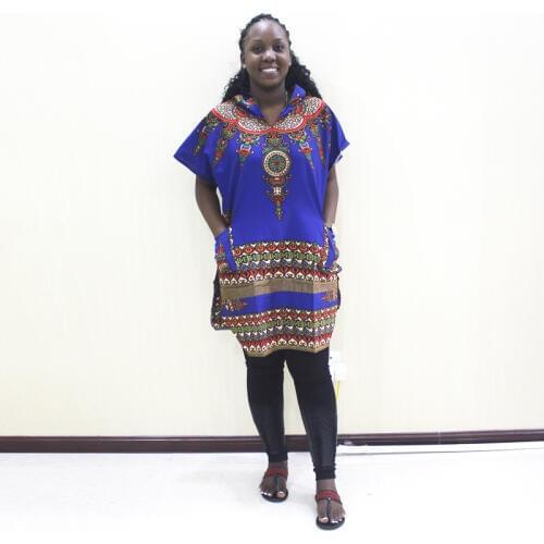 Dashikiage African Dashiki Troditional Print Pockets Hooded Blue Cotton Women Tops T-Shirt