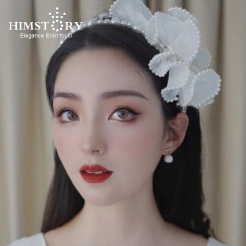 Himstory Sweet New White Big Flower Pearl Headband Vintage Fairy Bridal Wedding Party Evening Dress Holiday Hair Accessories