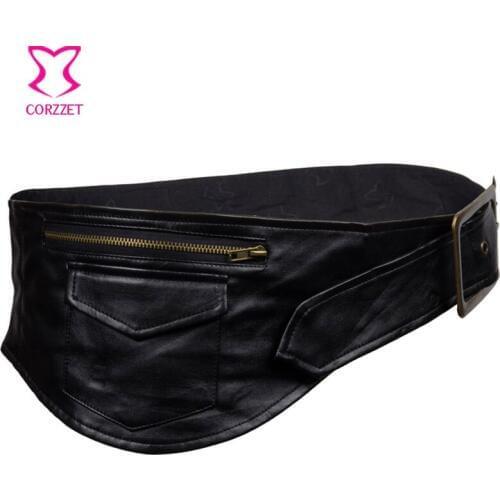 Gothic Punk Black Faux Leather Pocket Belt Steampunk Waist Belt - Can Be Used In Burlesque Corsets and Bustiers Sexy Accessories