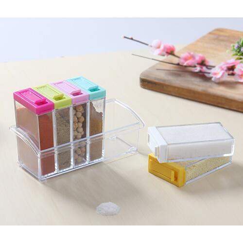 HS040 6pcs/set Kitchen Tools Salt Condiment Cruet Storage box Acrylic transparent Spice Jar Colorful Lid Seasoning box