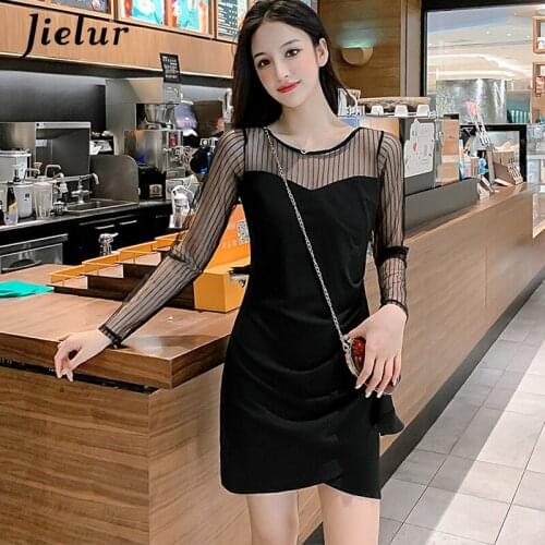 Jielur Sexy Mesh Spliced Dress Korean Female Autumn Long Sleeves O-Neck Kleider Damen Black Fashion Slim Party Dress For Women