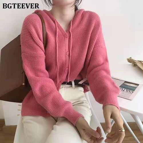 BGTEEVER Autumn New Fashion Hooded Women Knitted Cardigans Long Sleeve Single-breasted Loose Female Thicken Warm Sweaters 2021