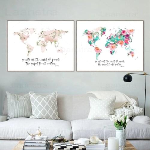 World Map Canvas Painting Mark 16:15 Bible Verse Posters and Prints Watercolor Floral Scripture Christian Home Decor Wall Art