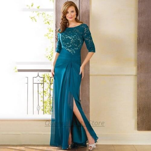 Classic 3/4 Sleeves Mother Of The Bride Dress Scoop Neck Ruched Lace Chiffon Mermaid Evening Party Dresses for Mother