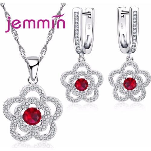 Red Crystal Flower Wedding Bridal Jewelry Sets S925 Sterling Silver Earrings Necklace Set for Women Beads Jewelry Set