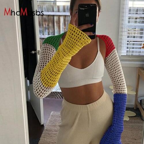 Sexy Crop Top Y2K Patchwork Crocheted Shawl Long Sleeve Mini Cover-ups Knitted Hollow Out T-shirt Women Fashion Streetwear
