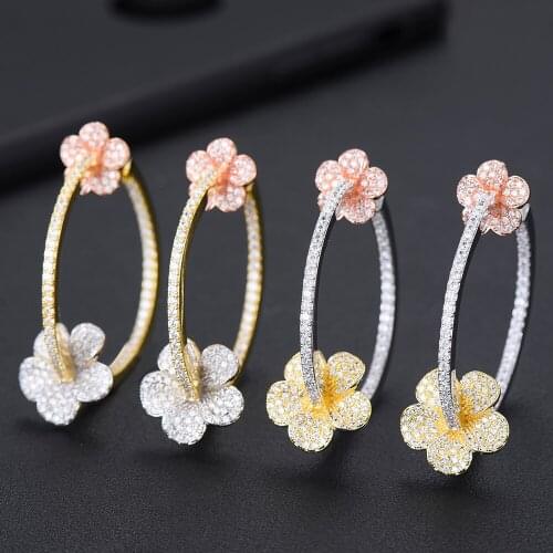 LARRAURI Romantic Sweet Flower Hoop Earrings AAA Cubic Zircon Statement Earrings For Women Wedding DUBAI Bridal Round Earrings