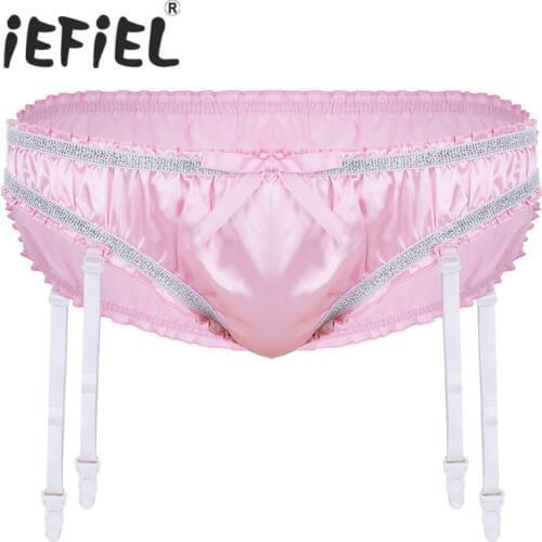 IEFiEL Men Lingerie Shiny Stretchy Satin Ruffled Lined Sissy Triangle Briefs Underwear Panties with Plastic Garters Underpants
