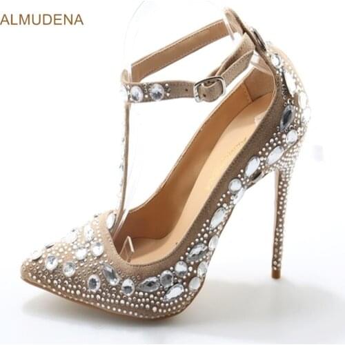 ALMUDENA Bling Bling Crystal Wedding Shoes Beige Pointed Toe Beaded Party Shoes T Strap Thin High Heel Jewelry Pumps US10