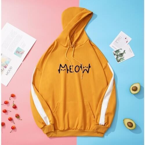 Harajuku Oversized Hoodie Loose Casual Kawaii Funny Meow Print Tops Women Stitching Streetwear Mens Hoodies Clothing Sweatshirt