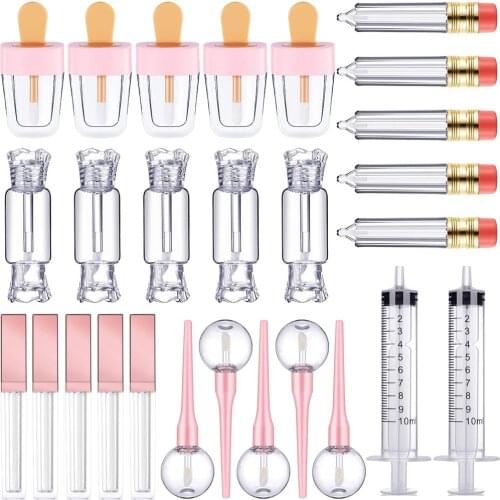 30 Pieces Lip Gloss Tube Tool Set Pencil Ice-cream Lollipop Candy Shaped Empty Lip Gloss Tubes Plastic Syringe for DIY Makeup