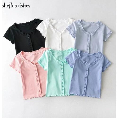 Korean t shirt women summer basic tees short sleeve o neck top ruffle cotton tshirts casual button up t shirt white black pink