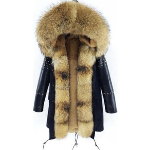 2020 New Casual Winter Jacket Women Natural Sheepskin Leather Rivet Sleeves real fur collar faux fur lining Real Fur Coat