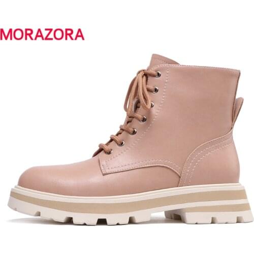 MORAZORA New Lace Up Ankle Boots For Women Fashion Platform Genuine Leather Boots Fashion Pink Green Black Ladies Shoes
