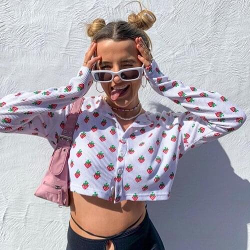 Women Autumn Crop Tops Cardigans Fashion Womens Girls Button-down Strawberry Print Long Sleeve Lapel Cardigan Short T-Shirts