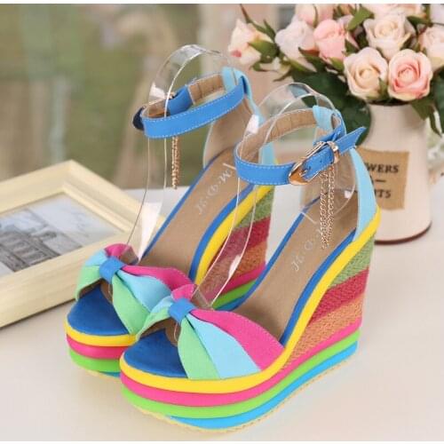 2021 Summer Super High Heel New Wedge Sandals Straw Woven Roman Rainbow Fish Mouth Wedge Sandals for Women