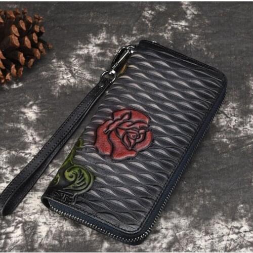 Real Cowhide Women Long Wallet Money Handy Bag ID Card Holder Leisure Embossed Retro Genuine Leather Clutch Wrist Bags Purse