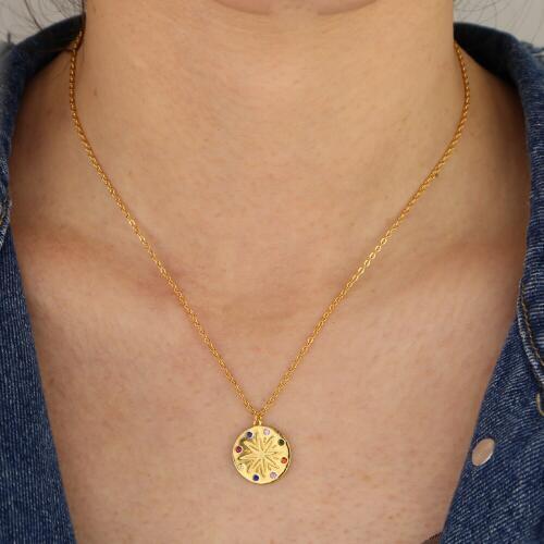 Gold brass cz Round Pendant Necklace for Women Simple Female Long Chain Coin Necklace rainbow star Collier 2019 Wholesale