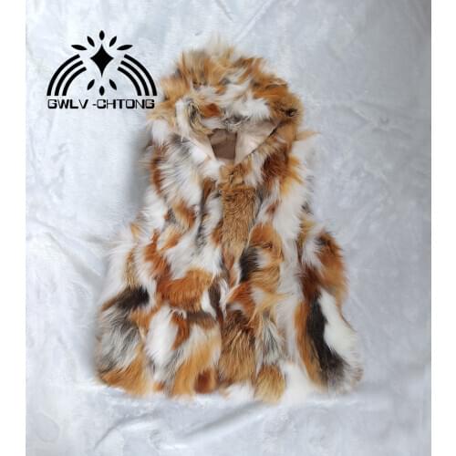 NEW Real genuine natural fox fur Vest with hood womens red fox fur gilet winter jacket 50CM length customized any size