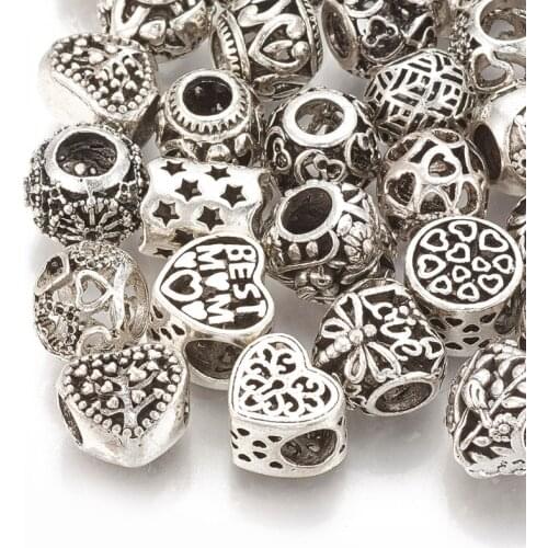 100pcs Mixed Shape Alloy European Beads Large Hole Beads for Jewelry Making DIY Bracelet Necklace 9~12x9~13x8~11mm Hole: 4~5mm