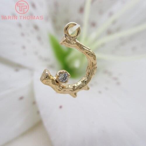 6PCS 13*9MM 24K Gold Color Brass With Zircon C Shape Tree Branch Charms Pendants High Quality Jewelry Findings Accessories