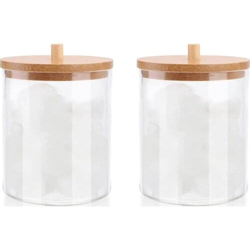 2 Pack Acrylic Holder Dispenser Bathroom Jars with Bamboo Lids, Cotton Ball Pad Round Swab Holder for Bathroom