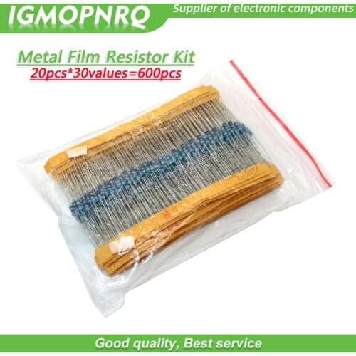 20pcs*30values=600pcs Metal Film Resistor Assorted Kit 1% 1/4W 10 Ohm ~1M Ohm resistance IGMOPNRQ