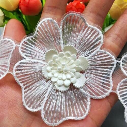 20x Pearl Beaded Flower African Lace Trim Fabric Ribbon Embroidered Applique 3D Trimmings Wedding Dress Tulle Sewing Craft