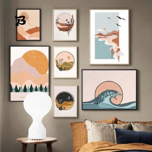Abstract Landscape Canvas Painting Wall Art Natural Modern Landscape Sun and Moon Sea and Mountain Wall Art Pictures Room Decor