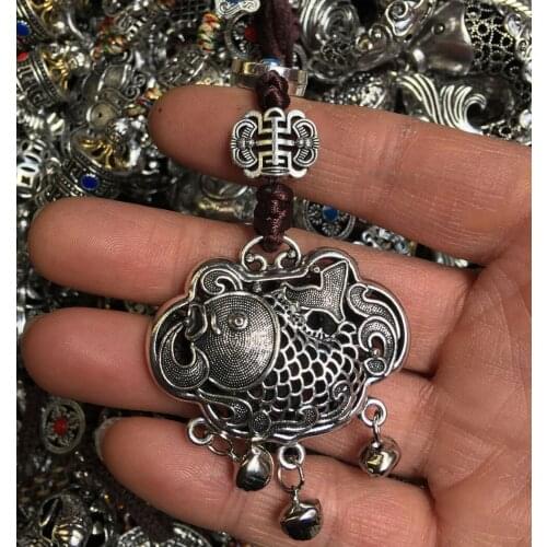 Free Shipping Rare and exquisite Tibetan Anemone Fish Auspicious Longevity Lock Bell Hollow Statue Pendant