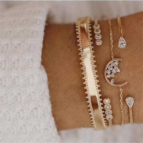 HuaTang 4pc/set Boho Crystal Moon Charms Bracelet Set for Women Multilayer Gold Alloy Geometric Open Bangle Female Cuff Jewelry