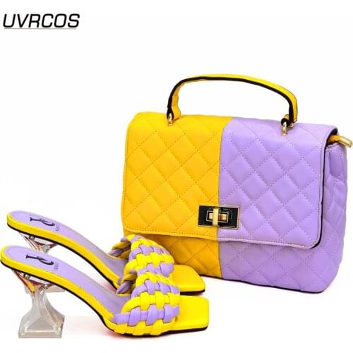 Italian Design 2021 African Hot Selling Purple Color Fahsion Crystal Style Elegant Party Wedding Ladies Shoes and Bag Set