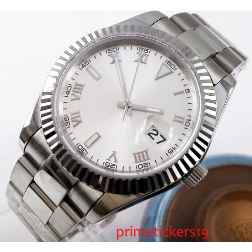 Roman Numerals 40mm White/Grey Dial Sapphire Glass Bracelet Clasp Automatic Mens Wrist Watch P188