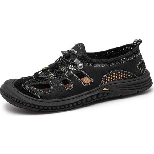 Men Solid Color Aqua Shoes Mesh and Genuine Leather Breathable Upper Hollow Out Beach Upstream Closed Toe Sandals Water Shoes