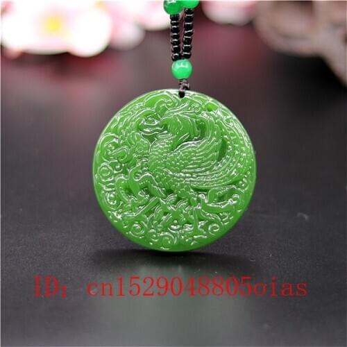 Natural Green Chinese Jade Phoenix Pendant Beads Necklace Fashion Charm Jadeite Jewelry Carved Amulet Gifts for Women Men