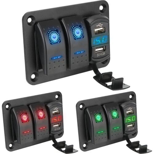12/24V Rocker Switch Panel for Car Marine Ship LED Rocker Switch Panel Waterproof Circuit Breaker LED Voltmeter Dual USB Port