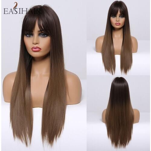 EASIHAIR Women Long Straight Black to Brown Ombre Wigs with Bangs Synthetic Natural Hair Wigs Daily Cosplay Wigs Heat Resiatant