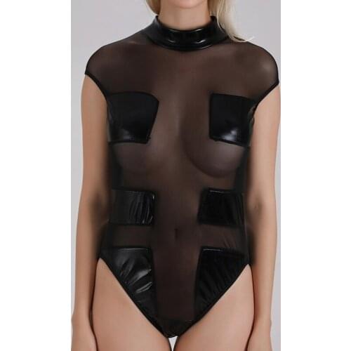 Sexy Latex sleeveless Jumpsuit lady Wet look Zipper Catsuit summer Gothic fake Leather Bodysuit Women Fetish Clubwear