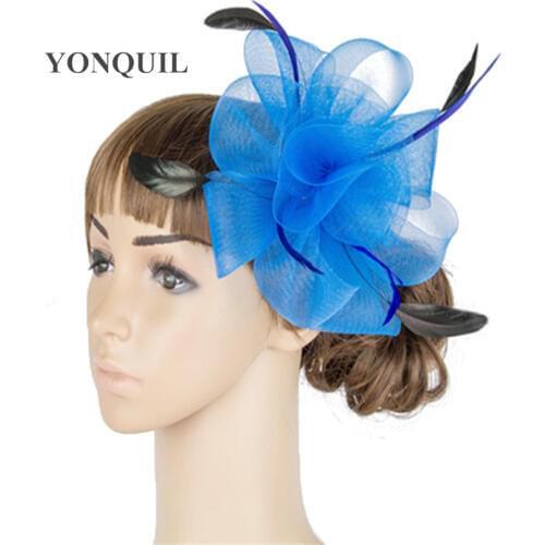 Vintage Royal Blue Crinoline Fascinator Headwear Feather Colorful Mesh Party Show Hair Accessories Millinery Cocktail Hat MYQ038