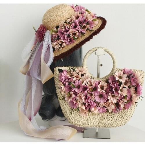 Summer Handmade Bags for Women Beach Weaving Ladies Straw Bag Purple Flowers Beach Bag Holiday Totes with Raffia Hat 2021 New