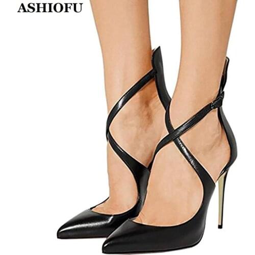ASHIOFU Handmade New Ladies X-buckle Strap High Heel Pumps Party Prom Pointy Evening Fashion Court Shoes