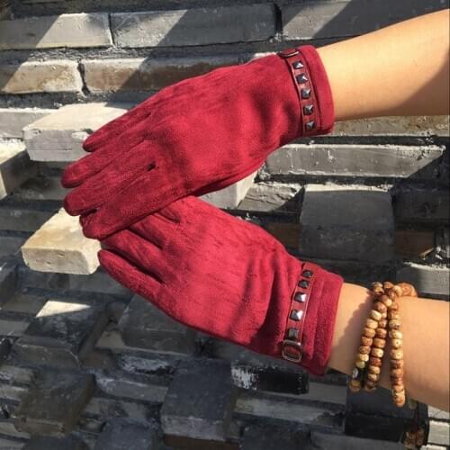 Female Suede Leather Rivet Sport Cycling Mittens Women Winter Keep Warm Soft Plush Inside Touch Screen Driving Black Gloves I22