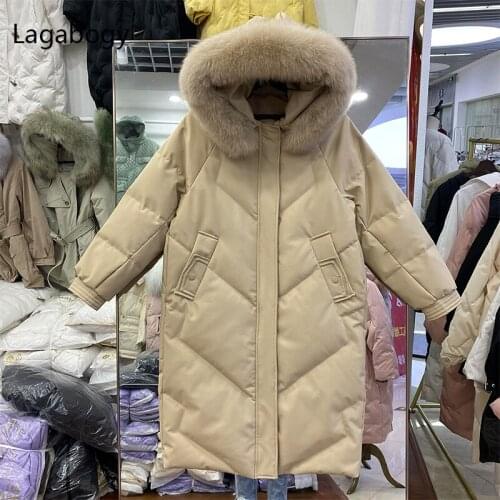 Lagabogy 2021 Winter Big Real Fox Fur Collar Hooded Women 90% White Duck Down Thick Coat Female Loose Windbreak Warm Long Parkas