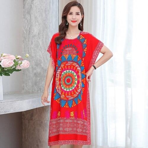 2021 New Bohemian Dress Women Print O-Neck Short Sleeve Summer Mid-Calf Vintage Dresses Loose Casual Beach Dress Elegant