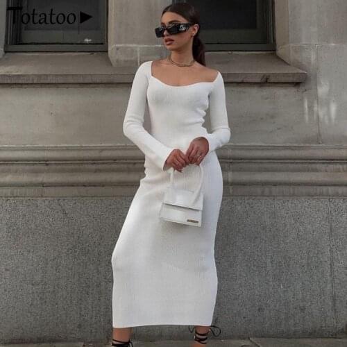 Totatoop Ladies Elegant Square Neck Rabbit Hair Soft Thick Sweater Dress Women White Winter Warm Bodycon Knit Long Dress 2021